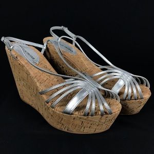 BOSTON PROPER Silver Satin Cork Wedge Sandals 9